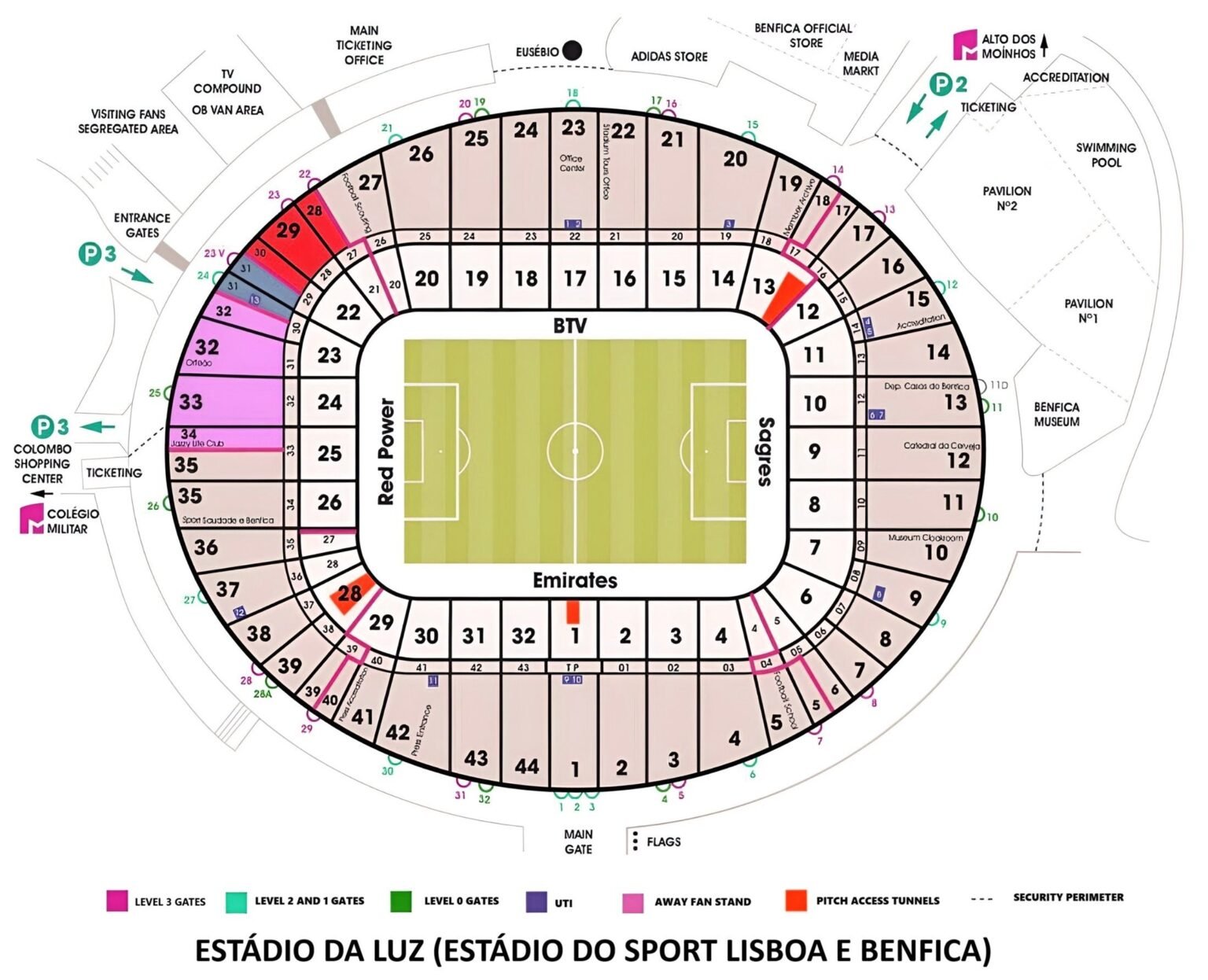 Estádio da Luz Seating Chart with Rows and Seat Numbers 2024