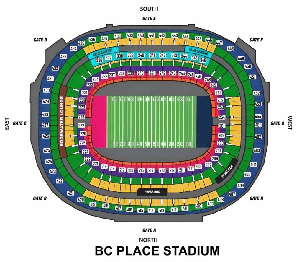 BC Place Seating Chart with Rows and Seat Numbers 2024