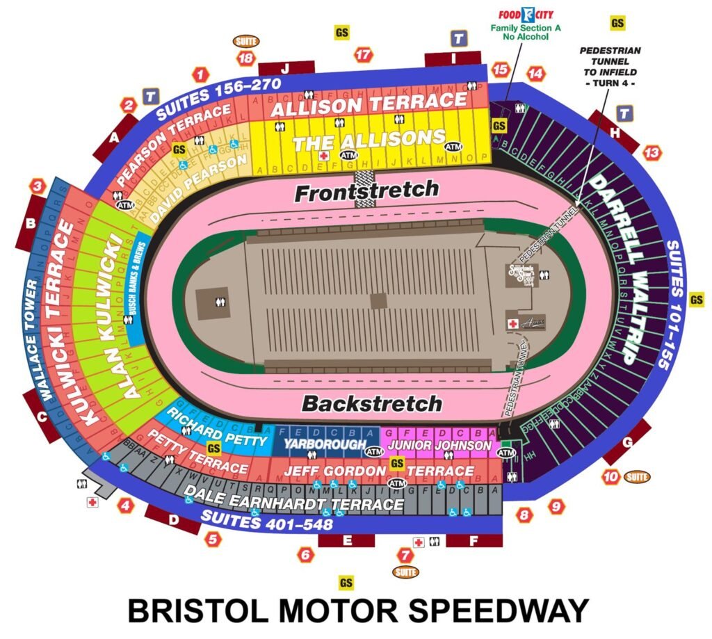 Bristol Motor Speedway Seating Chart with Rows and Seat Numbers 2024