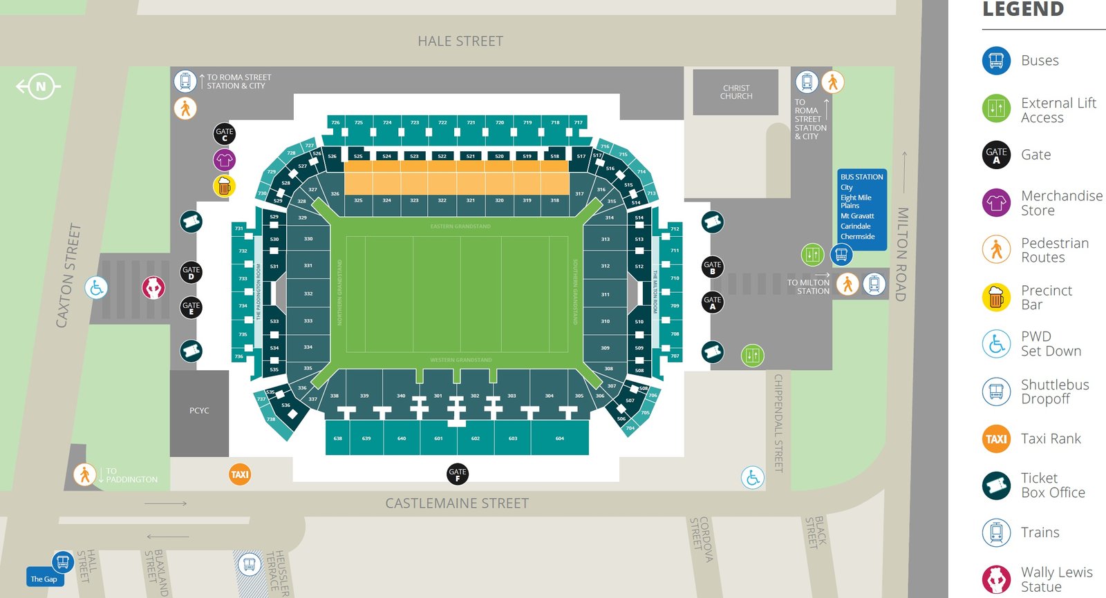 Brisbane Lang Park Suncorp Stadium Seating Map with Rows and Seat Numbers