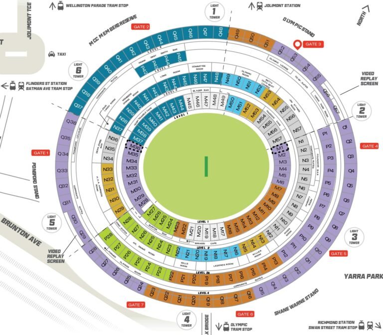 Melbourne Cricket Ground Seating Map with Rows and Seat Numbers 2024