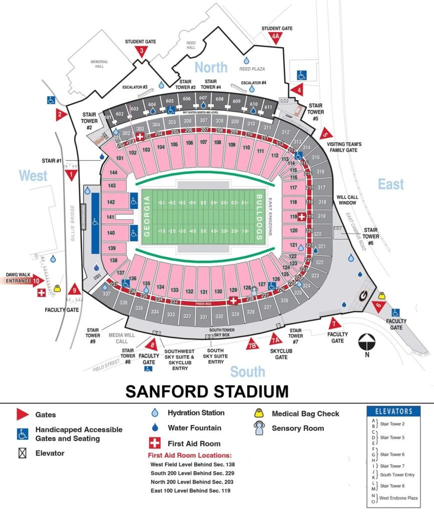 Sanford Stadium Seating Chart with Rows and Seat Numbers 2024