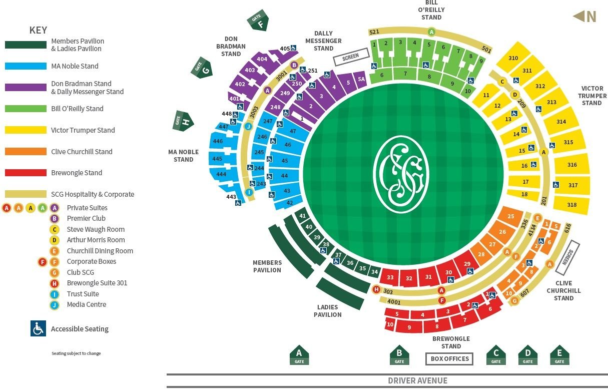 Sydney Cricket Ground Stadium Seating Plan with Stands and Rows with Seat Numbers