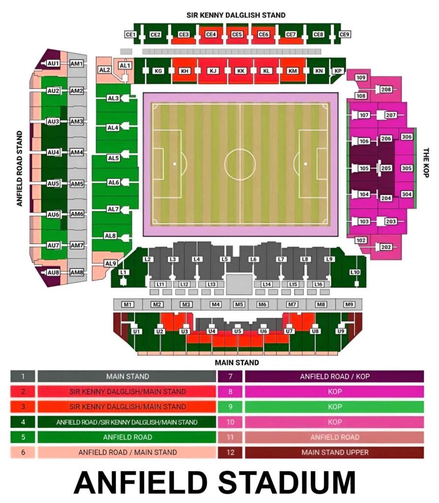 Anfield Seating Chart with Rows and Seat Numbers 2024