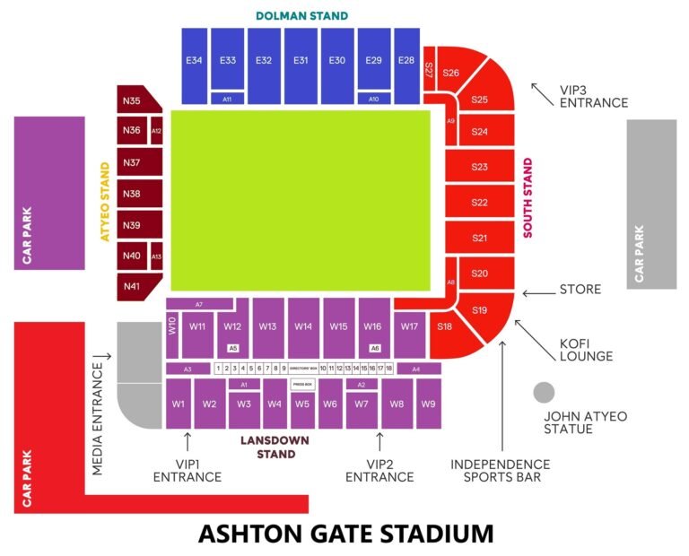 Ashton Gate Stadium Seating Chart with Rows and Seat Numbers 2024