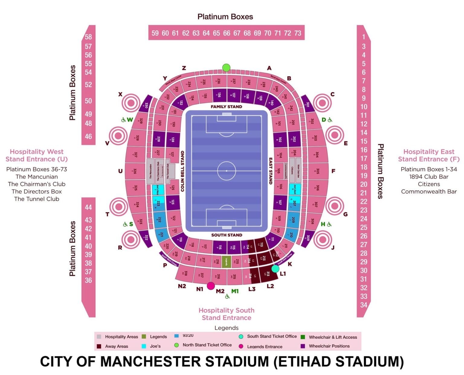 City of Manchester Stadium Seating Chart with Rows and Seat Numbers 2024