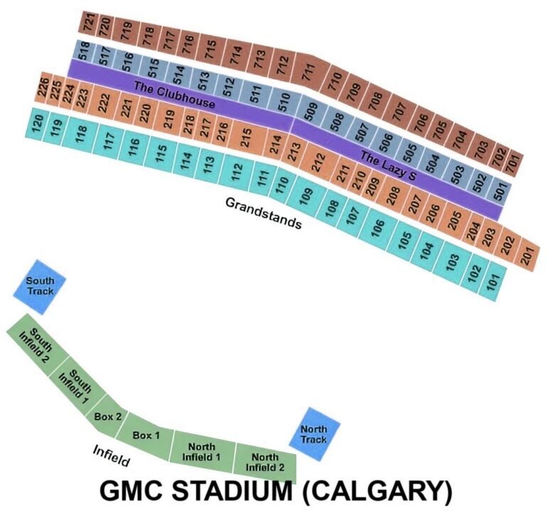 GMC Stadium (Calgary) Seating Chart with Rows and Seat Numbers 2024