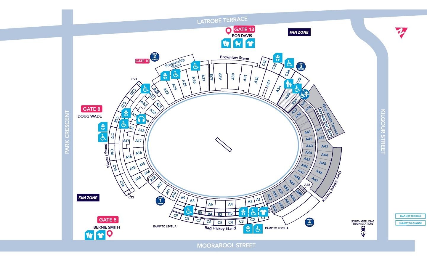 Kardinia Park Seating Map with Rows and Stands along with Seat Numbers