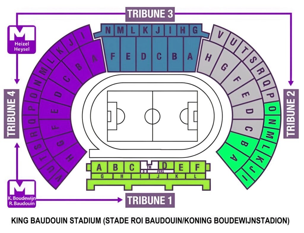 King Baudouin Stadium Seating Plan with Seat Numbers and Rows