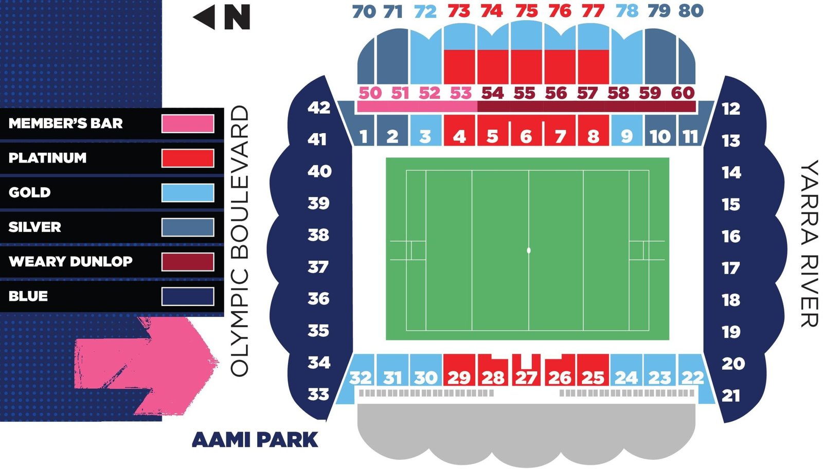 Melbourne Rectangular Stadium Seating Plan with Seat Numbers
