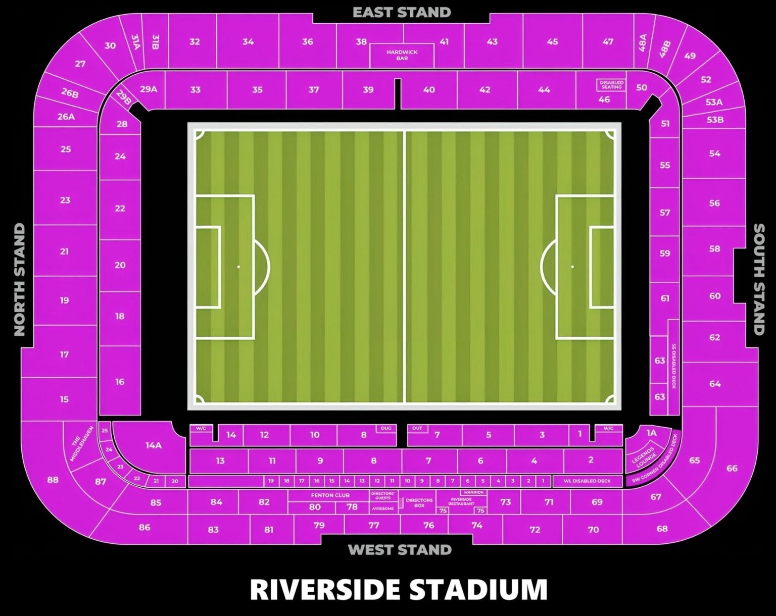 Riverside Stadium Seating Chart with Rows and Seat Numbers 2024