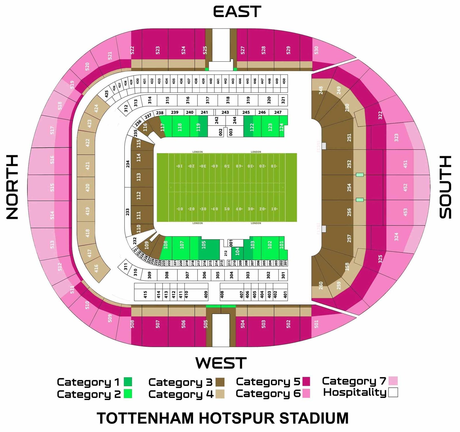 Tottenham Hotspur Stadium Seating Chart with Rows and Seat Numbers 2024
