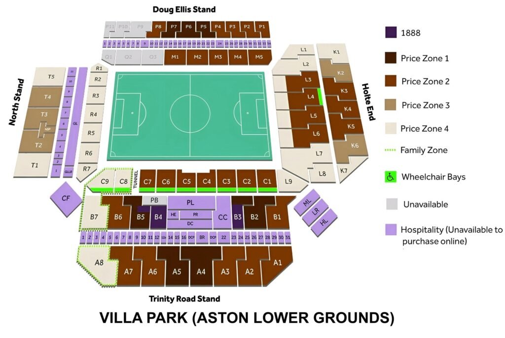 Villa Park Seating Chart with Rows and Seat Numbers 2024