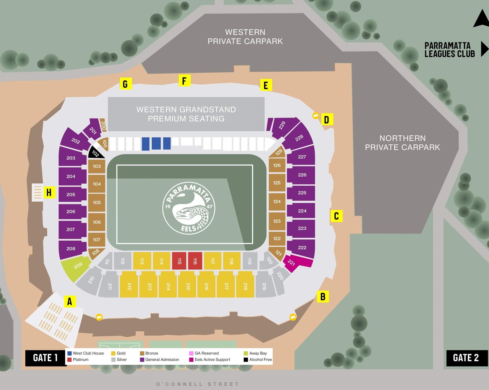 Western Sydney Stadium Seating Plan with Seat Numbers, Rows and Stands