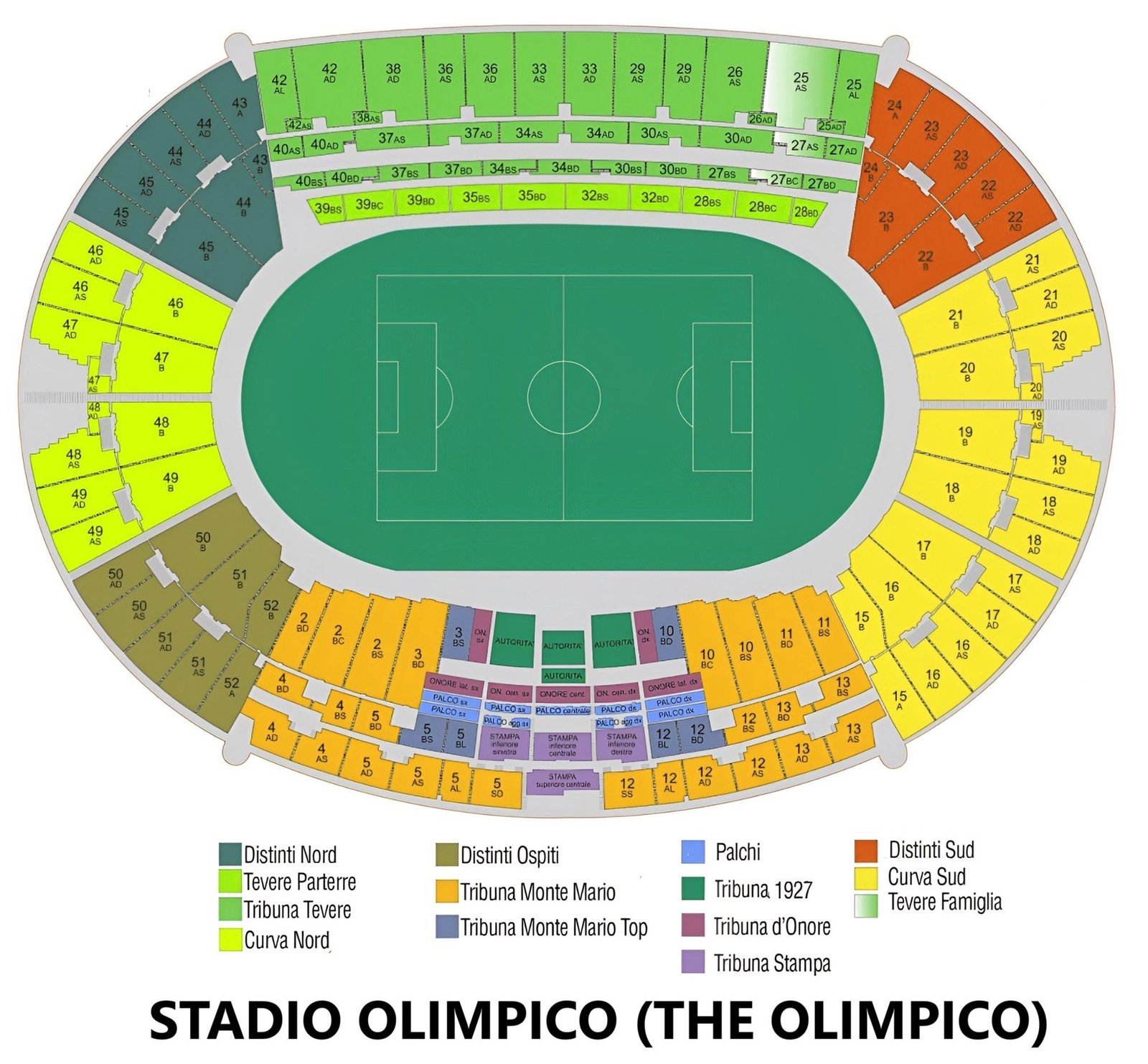 Stadio Olimpico Seating Chart with Rows and Seat Numbers 2024