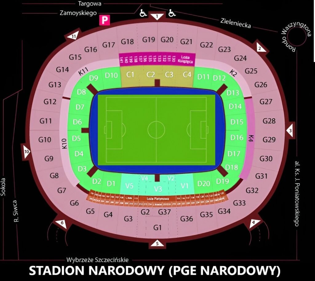 PGE Narodowy Seating Chart with Rows and Seat Numbers 2024