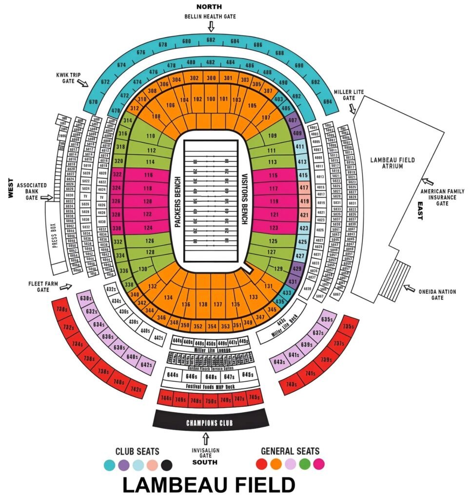 Lambeau Field Seating Chart with Rows and Seat Numbers 2024