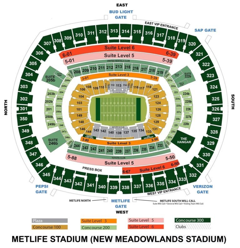 MetLife Stadium Seating Chart with Seat Numbers and Rows