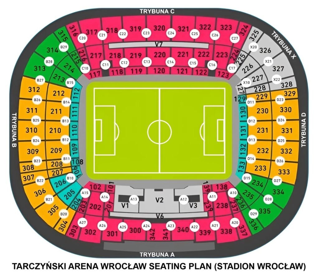 Tarczyński Arena Wrocław Seating Chart with Rows and Seat Numbers 2024