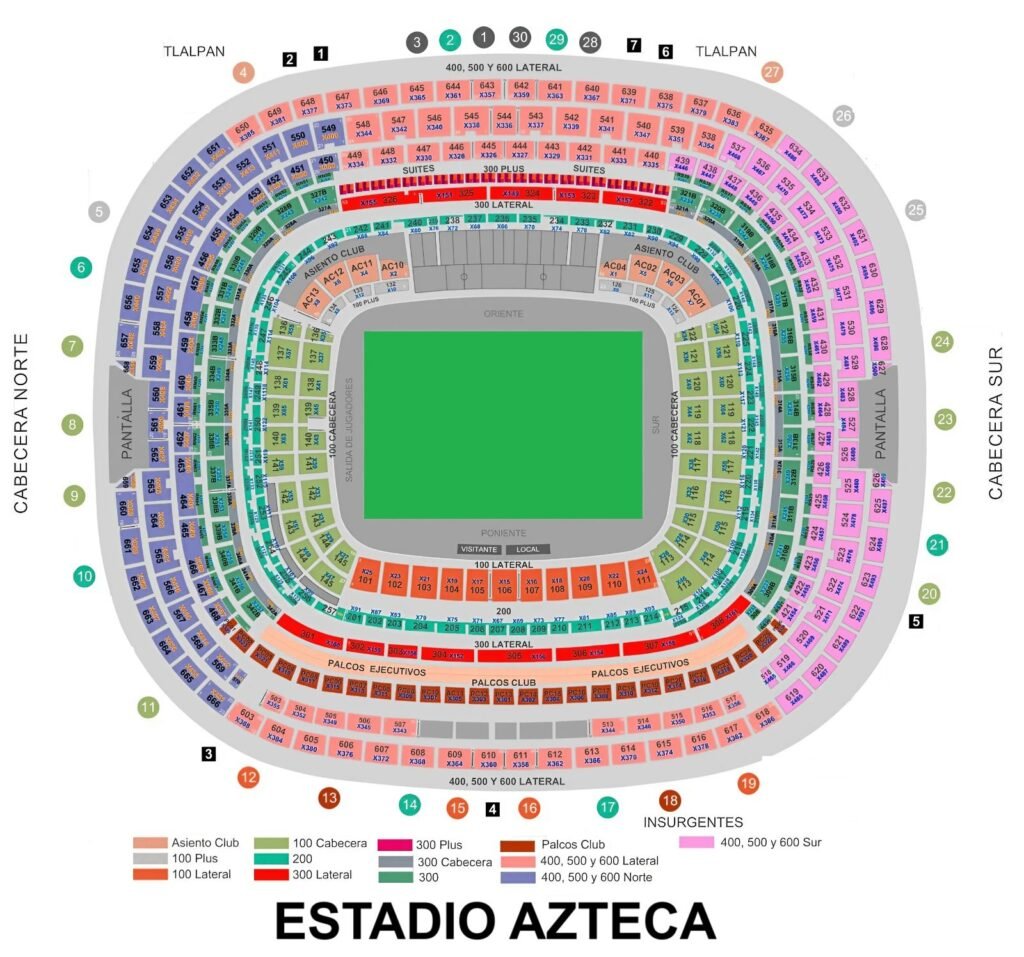 Estadio Azteca Seating Plan with Row and Section