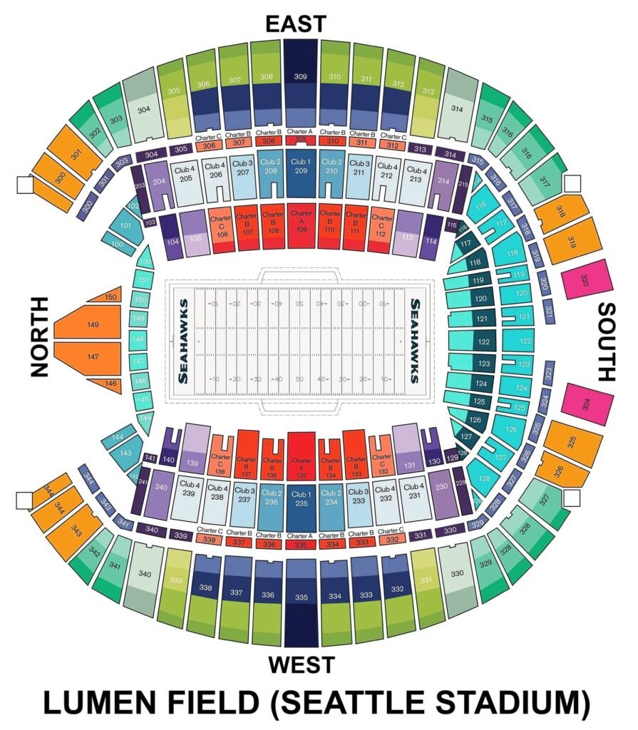 Lumen Field Seating Maps with Rows and Seat Numbers 2024