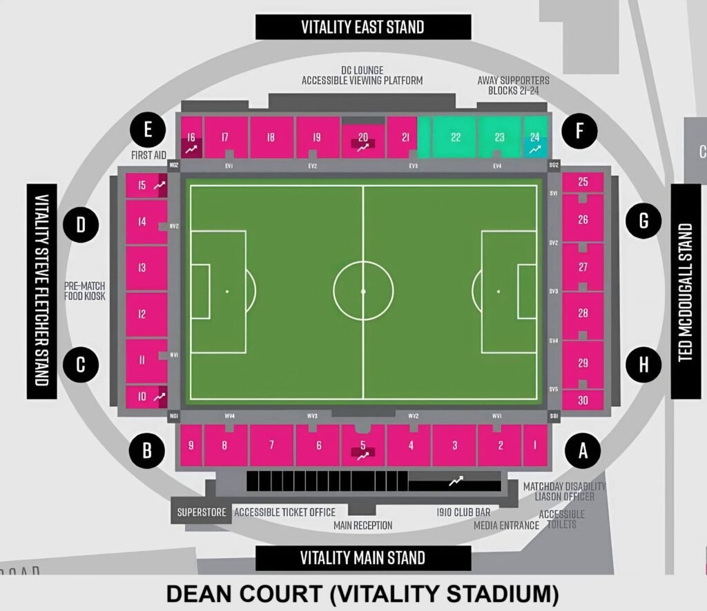 Dean Court Seating Plan with Section and Row Bournemouth, Dorset, England