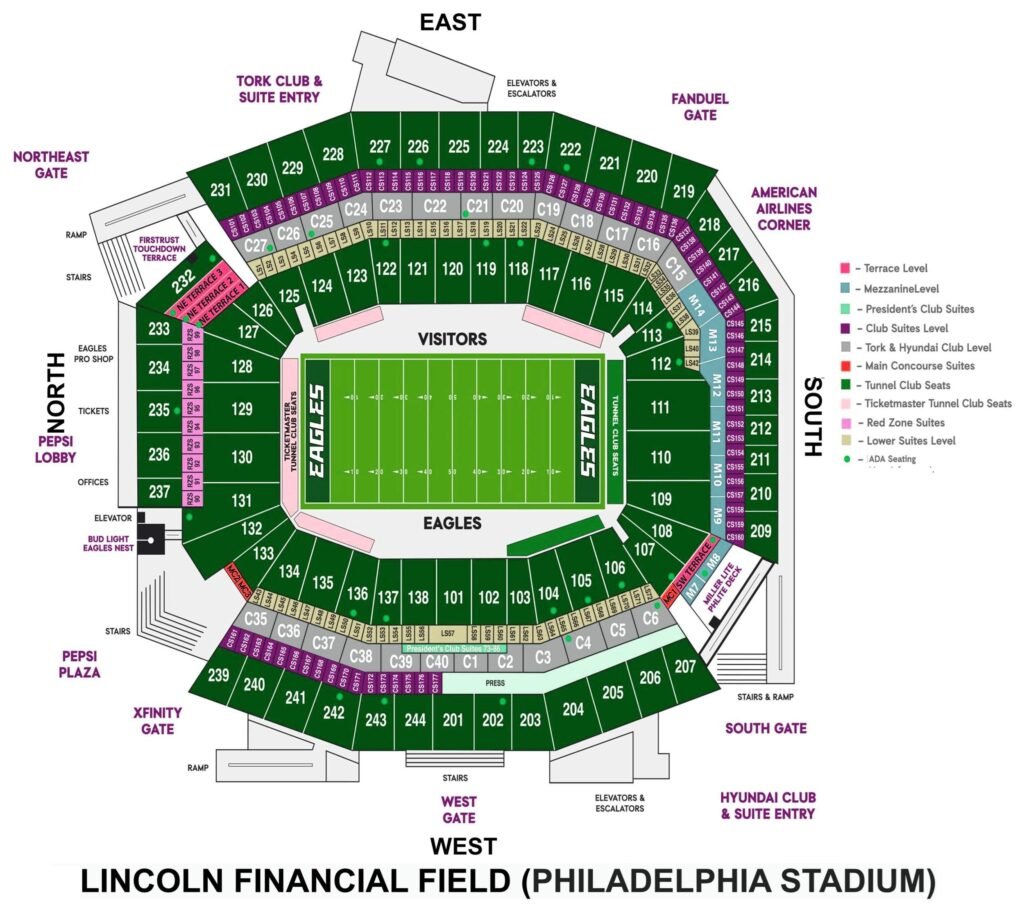 Lincoln Financial Field Seating Map with Row and Section Details Philadelphia