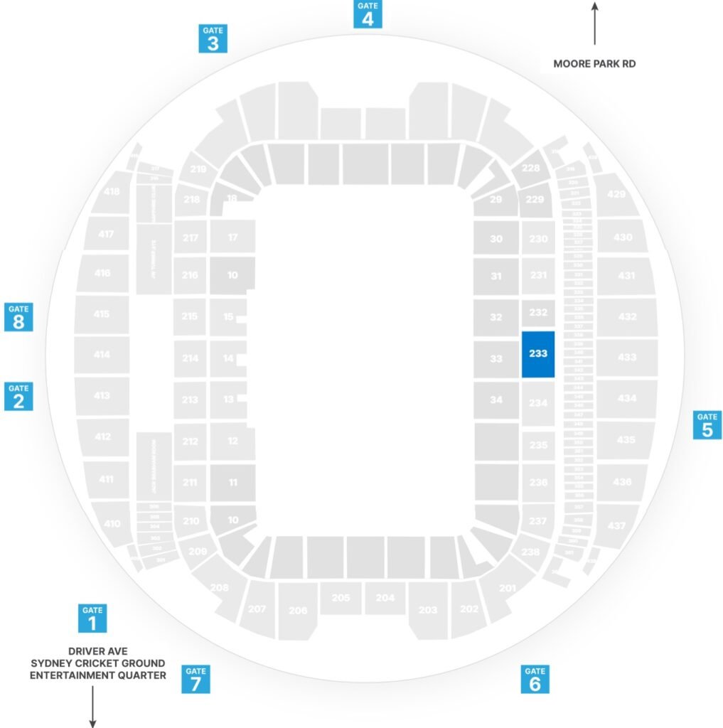 Sydney Allianz Stadium Seating Map with Seat Numbers and Rows
