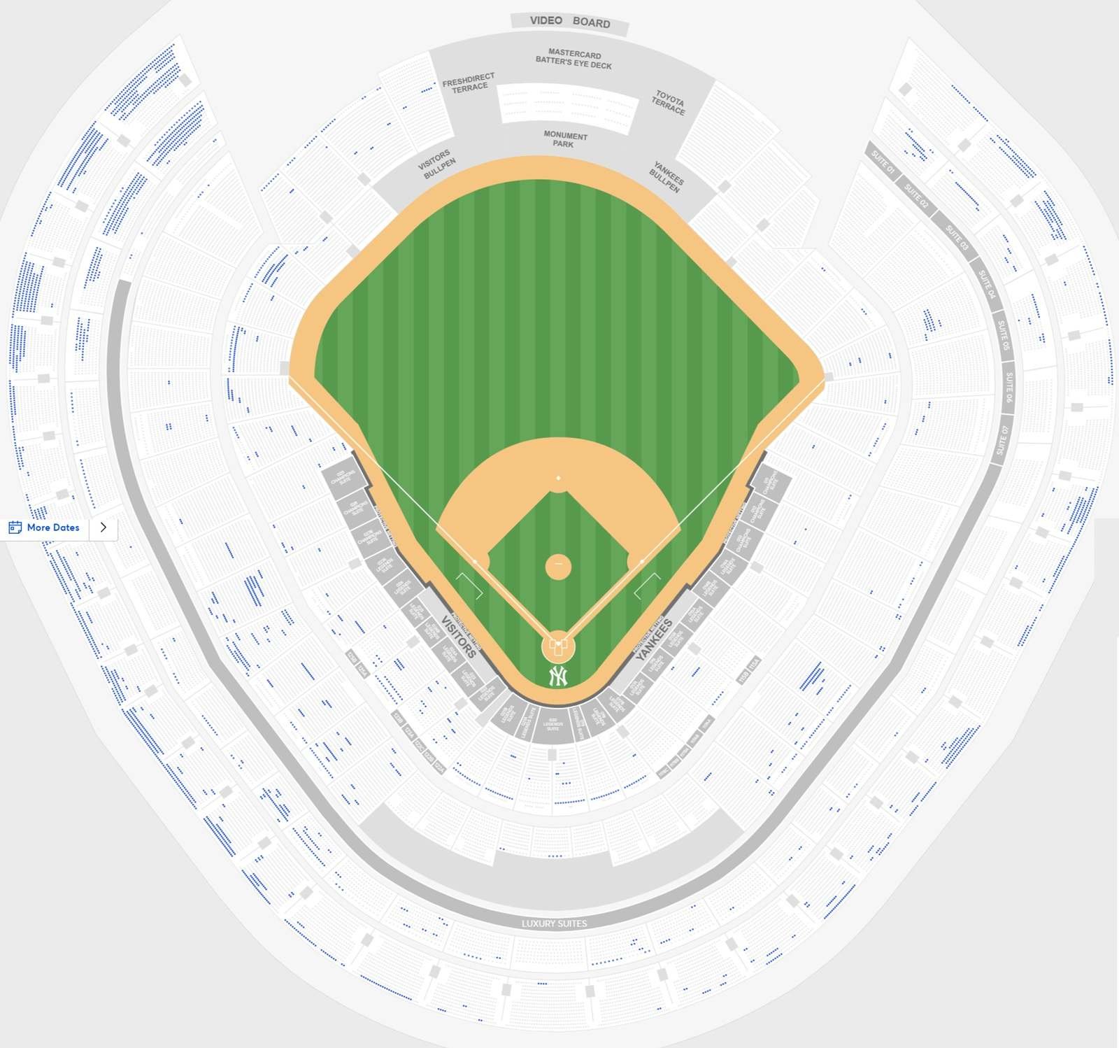 Yankee Stadium seating chart with seat numbers and rows