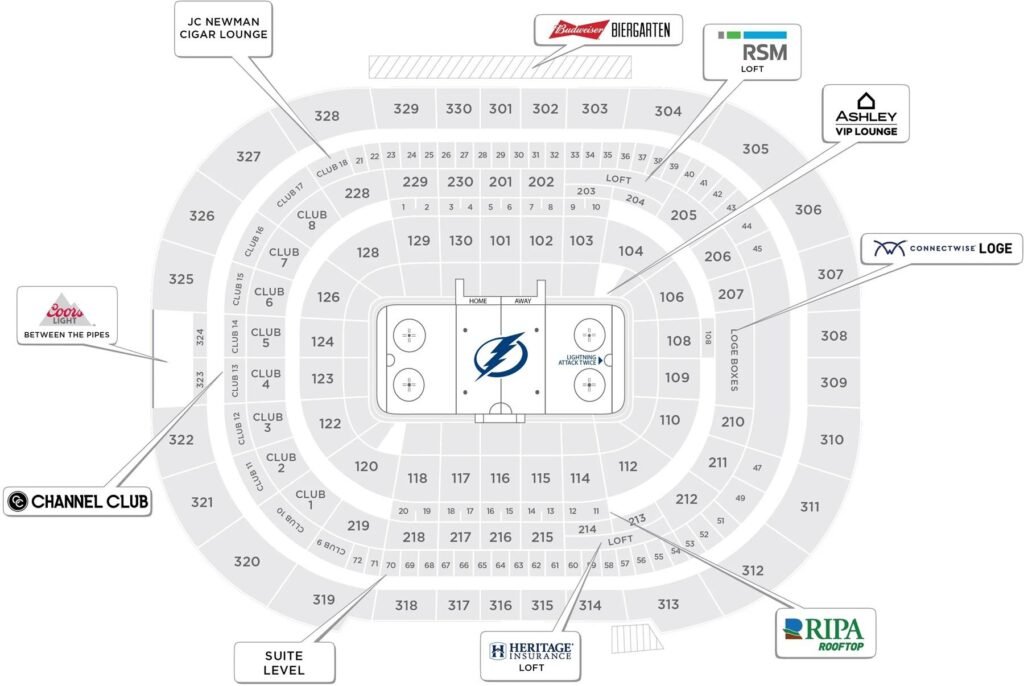 Amalie Arena Seating Chart with Seat Numbers and Rows