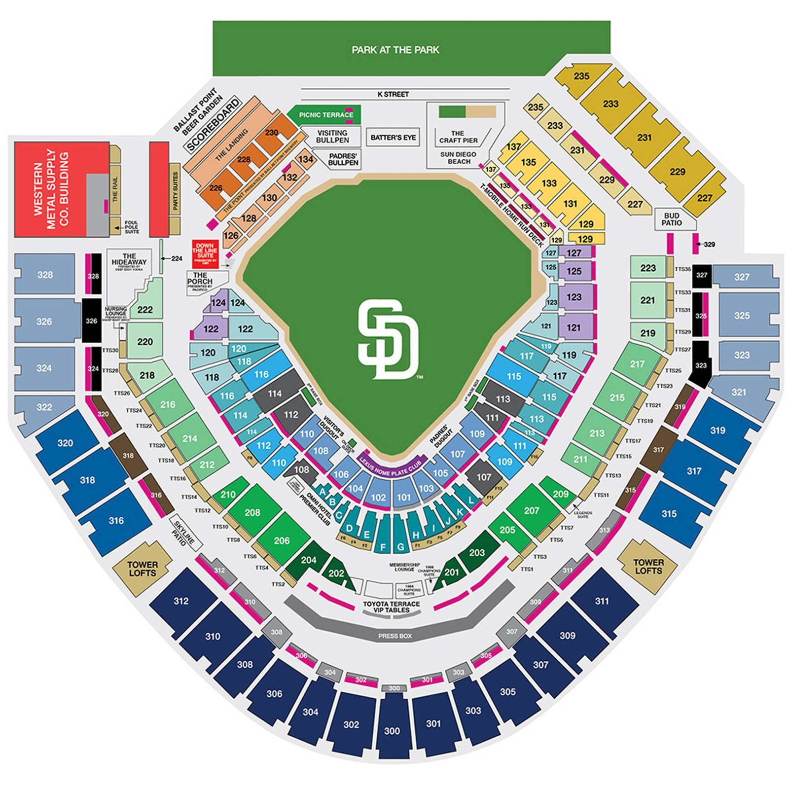 Petco Park Seating Chart with Rows and Stands
