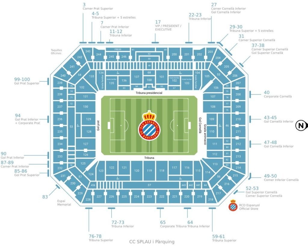 RCDE Stadium Seating Map with Rows and Seat Numbers, Espanyol Seat Map