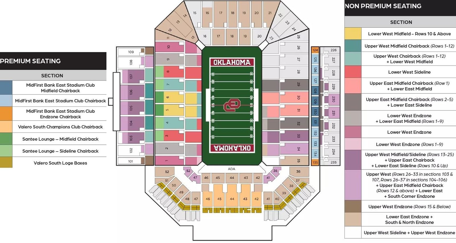 Gaylord Family Oklahoma Memorial Stadium Seating Chart with Stands and Sections