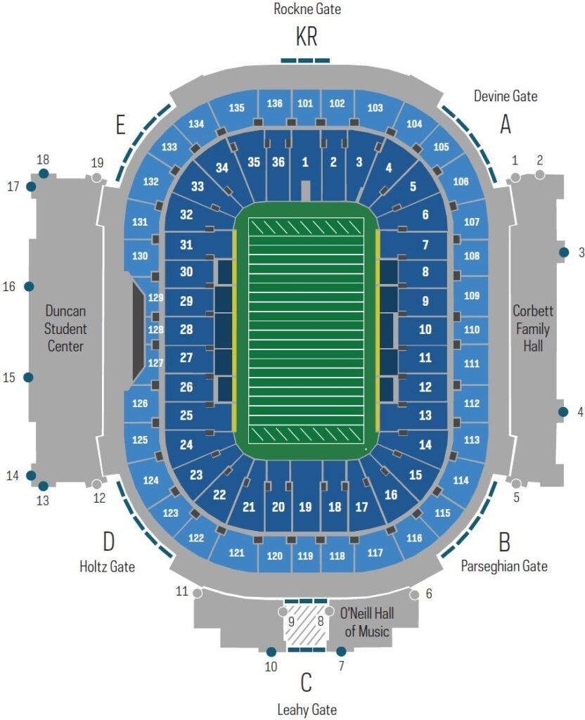 Notre Dame Stadium Seating Chart with Seat Numbers and Rows