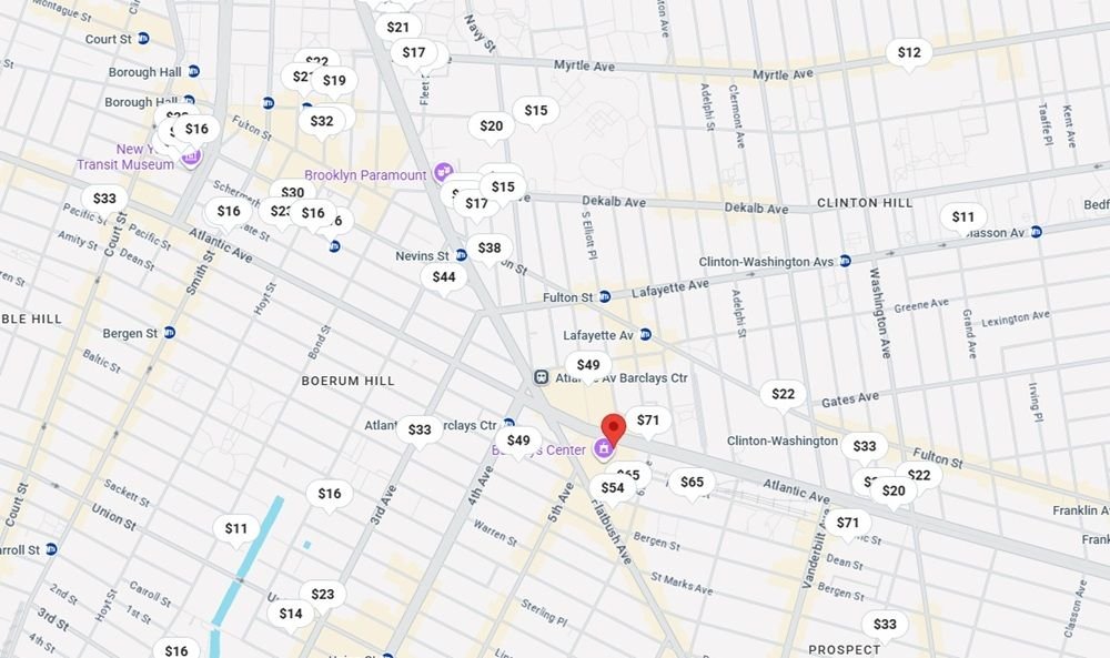 Barclays Center Parking Map with Cost