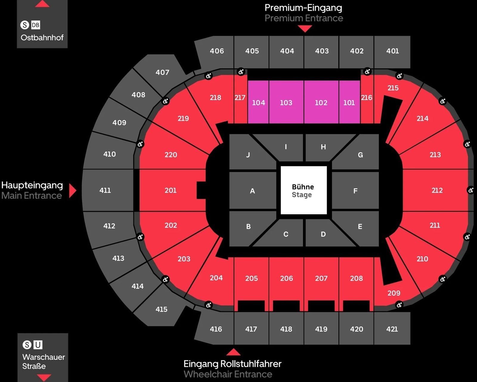 Uber Arena Concert Seating Plan in Center Stage Configuration
