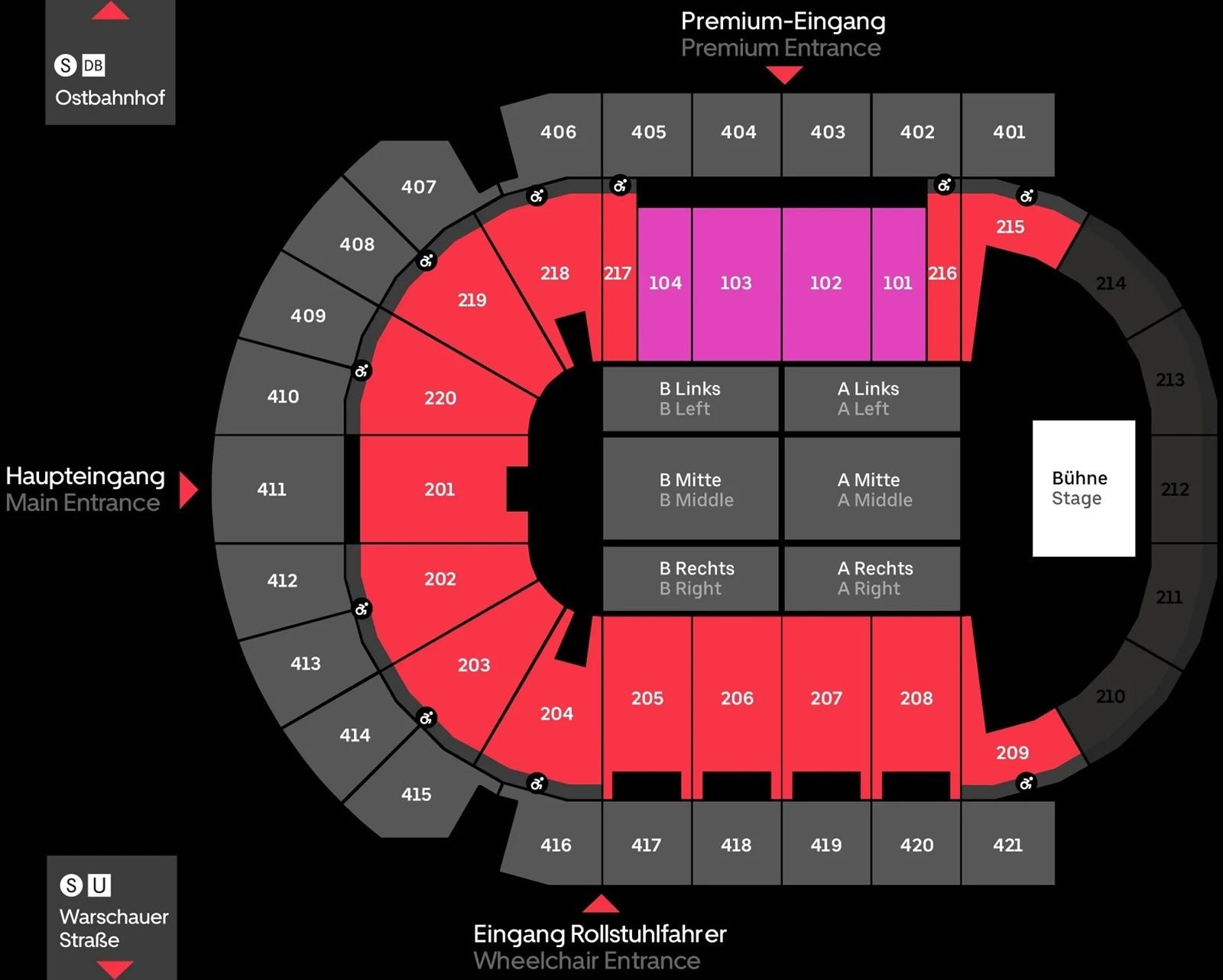 Uber Arena Concert Seating Plan in End Stage Configuration